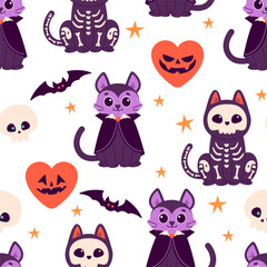 Seamless Halloween pattern with skull and cat in skeleton, Dracula costume. Happy Halloween, Halloween for kids. Vector illustration in flat style	
