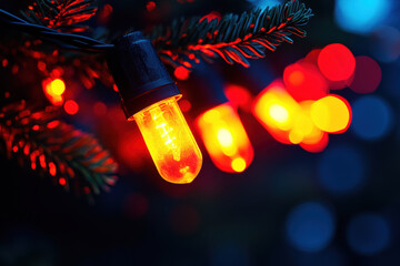 Dark Blue Background with Christmas Garland Bokeh Lights