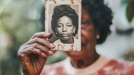 A woman holding a picture of a woman with a black head