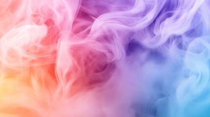 A close-up of swirling, iridescent smoke in various colors, with soft, blurred edges creating a dreamy and abstract effect against a plain background.