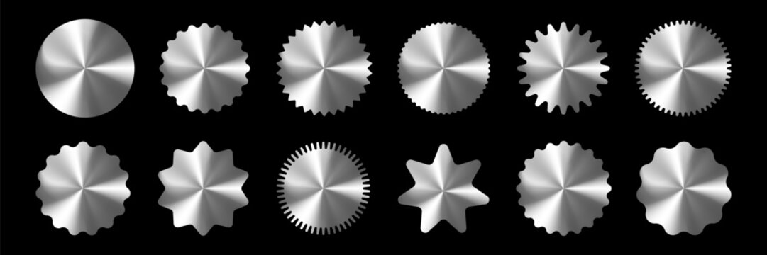 A set of shiny silver holographic circles with varying sizes and shapes. The circles are arranged in a row and appear to be metallic