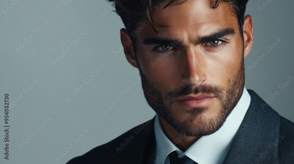 Poster a close-up portrait of a dapper man in a formal suit, with a clear focus on his facial expressions a