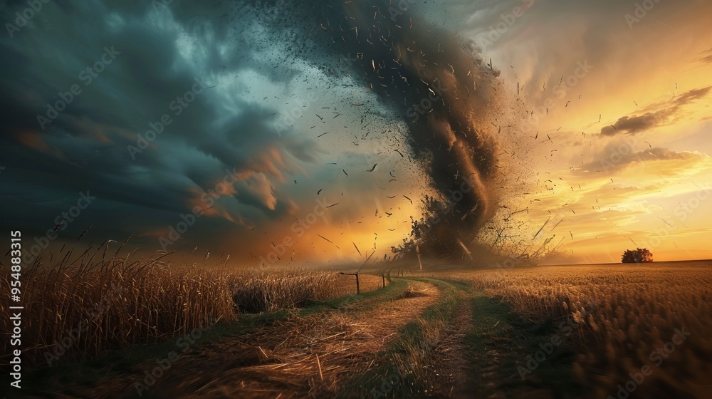 Poster a tornado is blowing through a field of tall grass