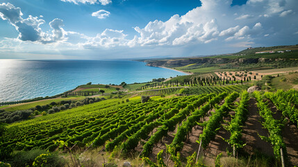 A vineyard in Sicily Italy with terraced rows and the Mediterranean Sea.