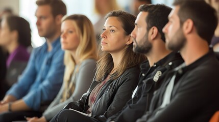 Obraz premium A group of people are sitting in a room and one woman is looking at something