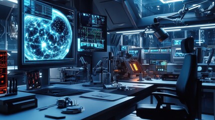 Naklejka premium Futuristic Command Center with Advanced Technology and Data Visualization