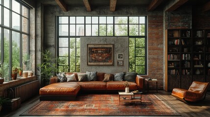 Fototapeta premium Cozy industrial living room with large windows and plants.