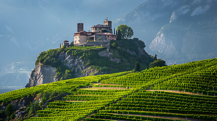 A vineyard in the Aosta Valley Italy with a historic fort on the hilltop.