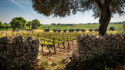 A vineyard in the Apulia region Italy with ancient olive trees and dry stone walls.