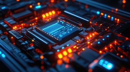 Obraz premium Futuristic Circuit Board with Glowing Blue and Red Lights - Abstract Technology Background.