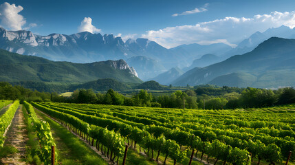 Naklejka premium A vineyard in the Friuli region Italy with a backdrop of mountains.