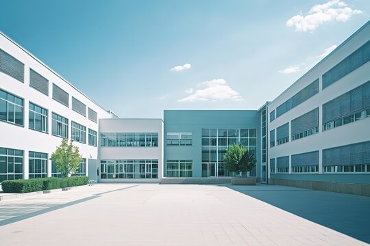 Modern school building under clear blue sky