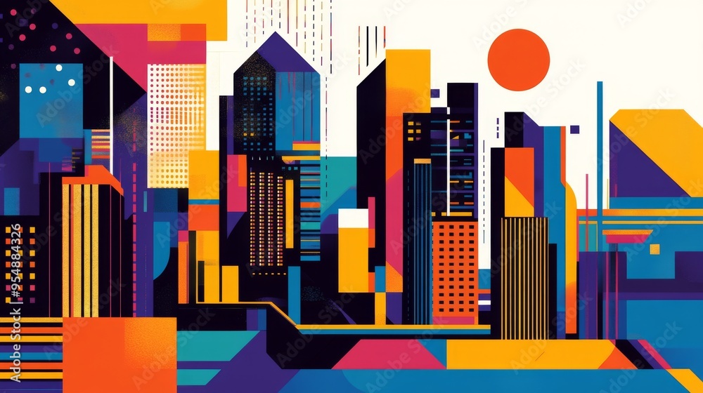 Poster a colorful graphic illustration of a cityscape with bold lines and shapes, highlighting the dynamic 