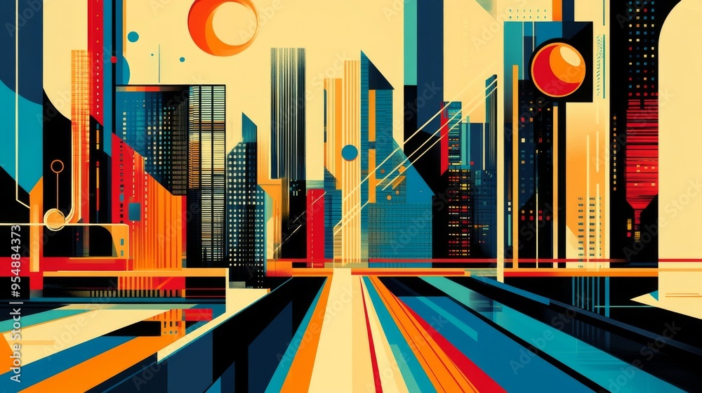 Poster a colorful graphic illustration of a cityscape with bold lines and shapes, highlighting the dynamic 