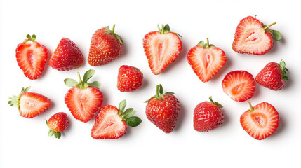 Whole strawberries and strawberry slices isolated on a white background, perfectly retouched with full depth of field. Clipping path included for a true photo effect. 