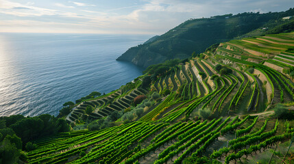 A vineyard in the Liguria region Italy with terraced rows overlooking the sea.