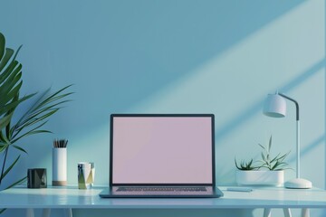 Fototapeta premium Minimal office setup with laptop screen mockup on desk by pastel blue wall copy space