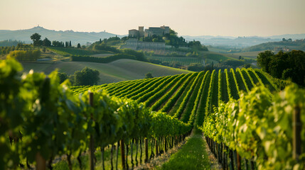 A vineyard in the Marche region Italy with a medieval castle in the distance.