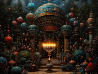 A majestic menorah glows in an intricately decorated temple garden, surrounded by lush foliage and elaborate, colorful ornaments under a starry sky.