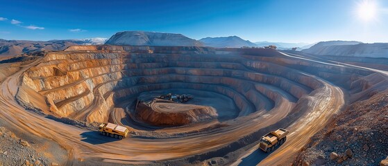 Panoramic View of Open-Pit Copper Mine. Panoramic view of a terraced open-pit copper mine with large haul trucks operating, surrounded by mountainous terrain.