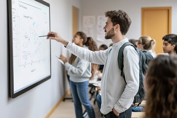 Student explaining math problem on whiteboard in class