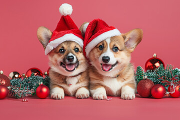 Two Adorable Corgi Puppy Dogs in Santa Hat Celebrating Christmas with Joyful Expression