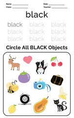 Trace and Circle Worksheet for children. Trace all words in dots and circle objects in the box below. Color worksheet. Education about color. Handwriting practice for kids.