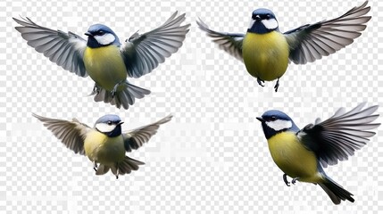 Obraz premium Four birds flying in the air, one of them is yellow