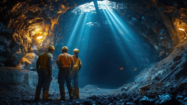 Miners in Illuminated Copper Mine Cavern. Three miners standing in a copper mine cavern with beams of light shining through the roof, highlighting the rocky walls and mining equipment.