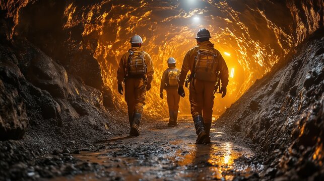 Miners Walking in Copper Mine Tunnel. Three miners walk through a glowing copper mine tunnel, illuminated with warm lights, showcasing the depth and structure of the underground tunnel.