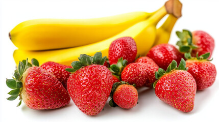 Yellow ripe bananas and strawberries isolated on a white background. 