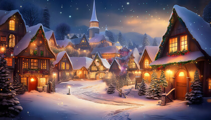Fototapeta premium Magical Snow-Covered Christmas Village Illuminated by Festive Evening Lights