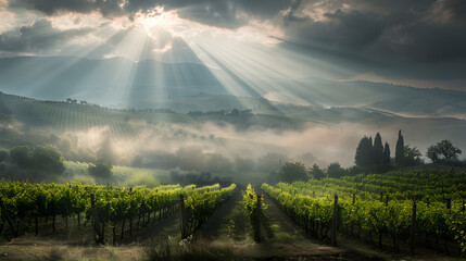 A vineyard in Umbria Italy with a misty valley and sunrays breaking through.