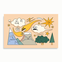 cartoon illustration, 70s, fun characters