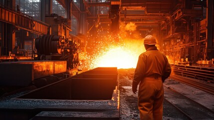 Worker Observing Molten Metal in Foundry. Factory worker in protective gear observes molten metal being poured in an industrial foundry, illustrating the heat and intensity of the process.