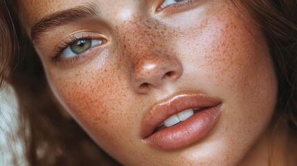 A youthful individual gazes intensely, showcasing natural beauty with freckles illuminated softly in an intimate environment