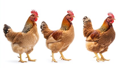Fototapeta premium Three chickens standing in a row, one is brown, one is white, and one is red