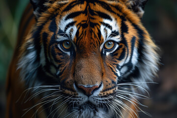 Fototapeta premium Tiger with piercing gaze, close up. Majestic predator exudes confidence and intensity. Rare endangered species highlights importance of wildlife conservation. Concept of biodiversity preservation
