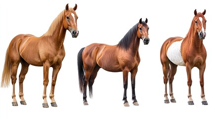 Three horses standing in a row, one is brown and white, the other two are brown