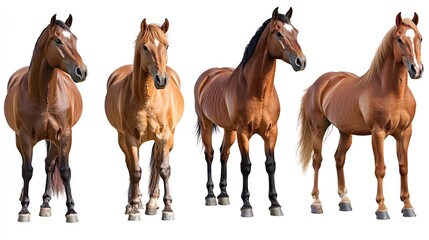 Fototapeta premium Four horses standing in a row, all brown
