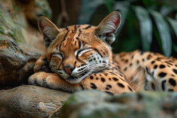 Obraz premium Adorable cheetah cub sleeping on tree branch. Spotted fur visible. Young endangered feline resting in natural habitat, peaceful moment. Wildlife conservation and protecting future generations