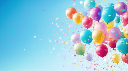 Fototapeta premium Colorful Balloons and Confetti Floating in the Sky - Festive Birthday Party Celebration Background