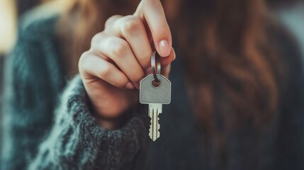 A close-up image of a person holding a single key, symbolizing concepts like home, ownership, and security. The background is deliberately blurred and dark.