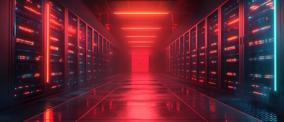 Obraz premium Red Neon Lights Illuminated Server Room Corridor.