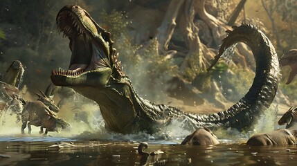 Titanoboa attacking a group of prehistoric animals near a watering hole The scene is chaotic and intense capturing the raw power of the predator