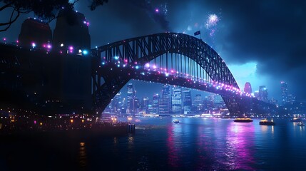 Obraz premium 157. **Render the Sydney Harbour Bridge during a vibrant night festival with colorful lights and fireworks.**