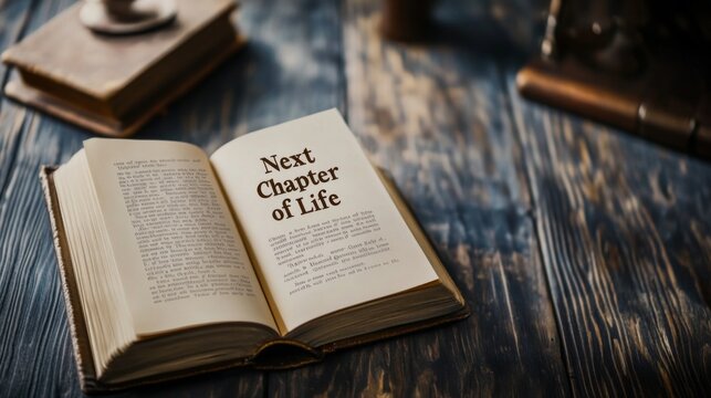 A profoundly written book lies open on a table with the words 'Next Chapter of Life' printed on its pages, evoking thoughts of new beginnings and life's journeys.
