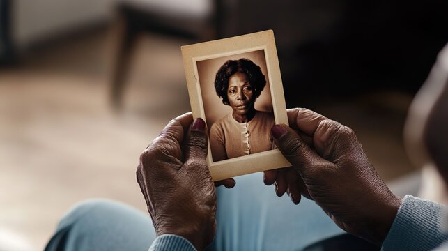 A woman holding a picture of a woman with a black head