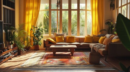 A cozy living room with yellow accents, such as cushions, a rug, and curtains, adding warmth and vibrancy to the space.