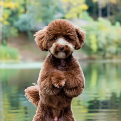 Fototapeta premium A brown dog stands on its hind legs in the water, playfully splashing as it enjoys a sunny day outdoors.